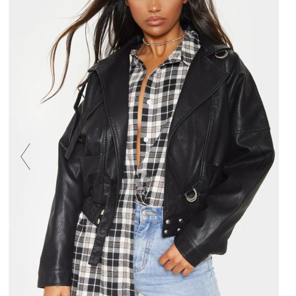 BLACK OVERSIZED 80'S STYLE LEATHER BIKER - Picture 2 of 4